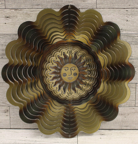 Metal Hanging Sun Face Garden Wind Spinner - 11 Inches - Antique Gold Bronze