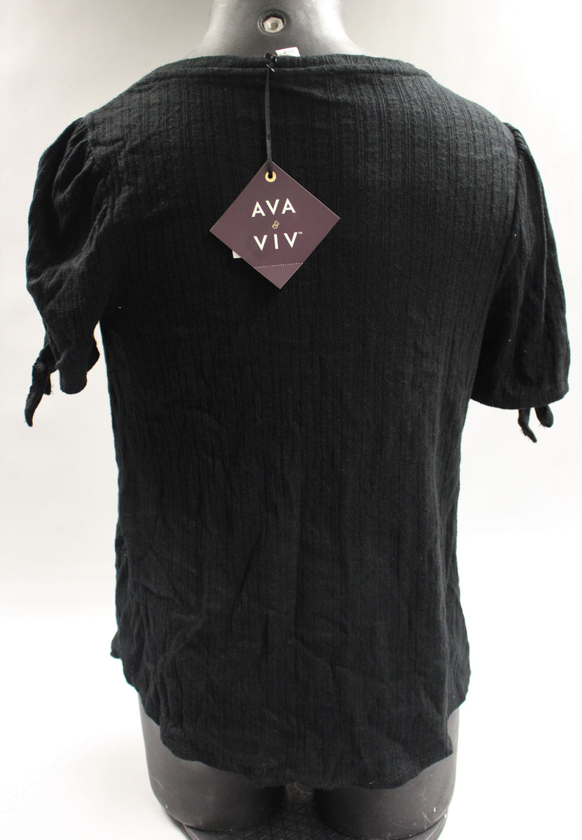 Ava & Viv Women's Plus Size Short Sleeve Pointelle Tie Top - Black