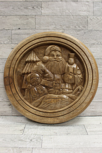 Vintage Hand Carved Wooden Christmas Santa Scene Hanging Plate - Used
