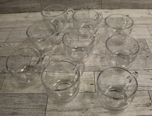 Set of 9 Punch Bowl Cups Glasses - Etched Grape Leaves - Clear - Used