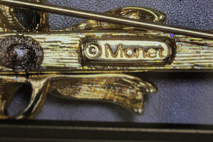 Monet Christmas Candy Cane Brooch Pin - Gold Tone with Red Enamel - Used