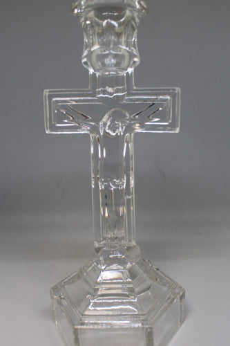 Vintage Glass Christ Jesus Catholic Crucifix Cross Candlestick Holder - Used