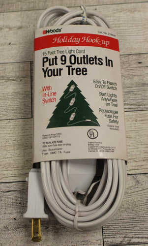 Woods Holiday Hook-Up 15 Foot Tree Light Cord with Inline Switch - White - New