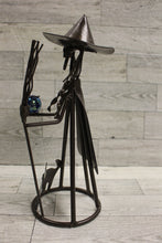 Load image into Gallery viewer, Vintage Halloween Black Metal Witch with Cat Candle Holder Sculpture - Used