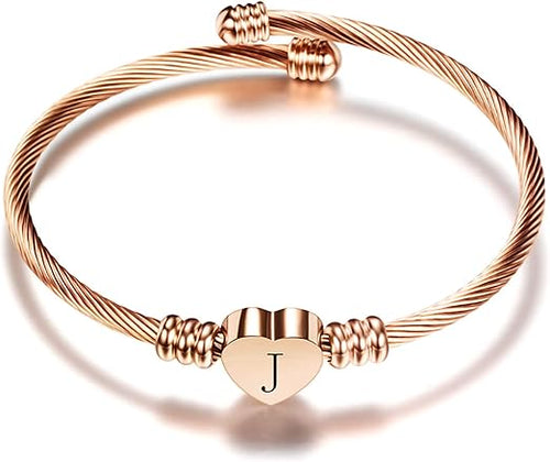 Women's Girls Initial J Letter Rose Gold Colored Stainless Steel Bracelet Bangle