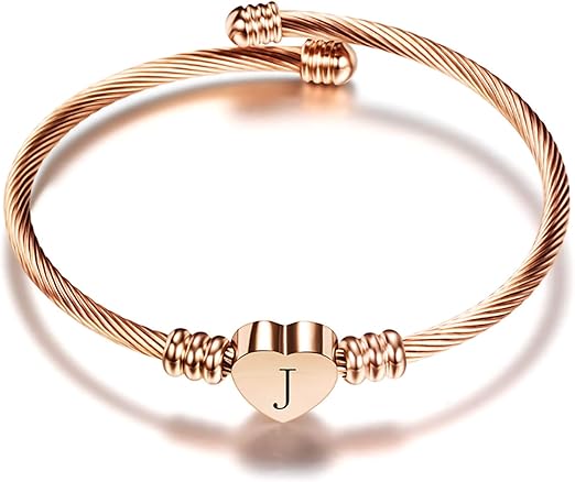 Women's Girls Initial J Letter Rose Gold Colored Stainless Steel Bracelet Bangle