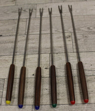 Load image into Gallery viewer, Vintage Wood Handle Fondue Fork Sticks Skewers - Color Tip Ends - Set of 6