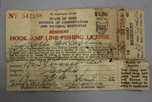 Load image into Gallery viewer, 1946 State of Ohio Female Fishing License + Metal Badge Pin Holder Vintage Frame