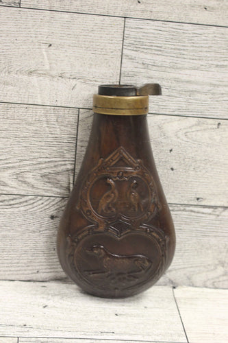 Vintage Copper & Brass Black Powder Flask -Embossed Hunting Dog & Pheasant -Used