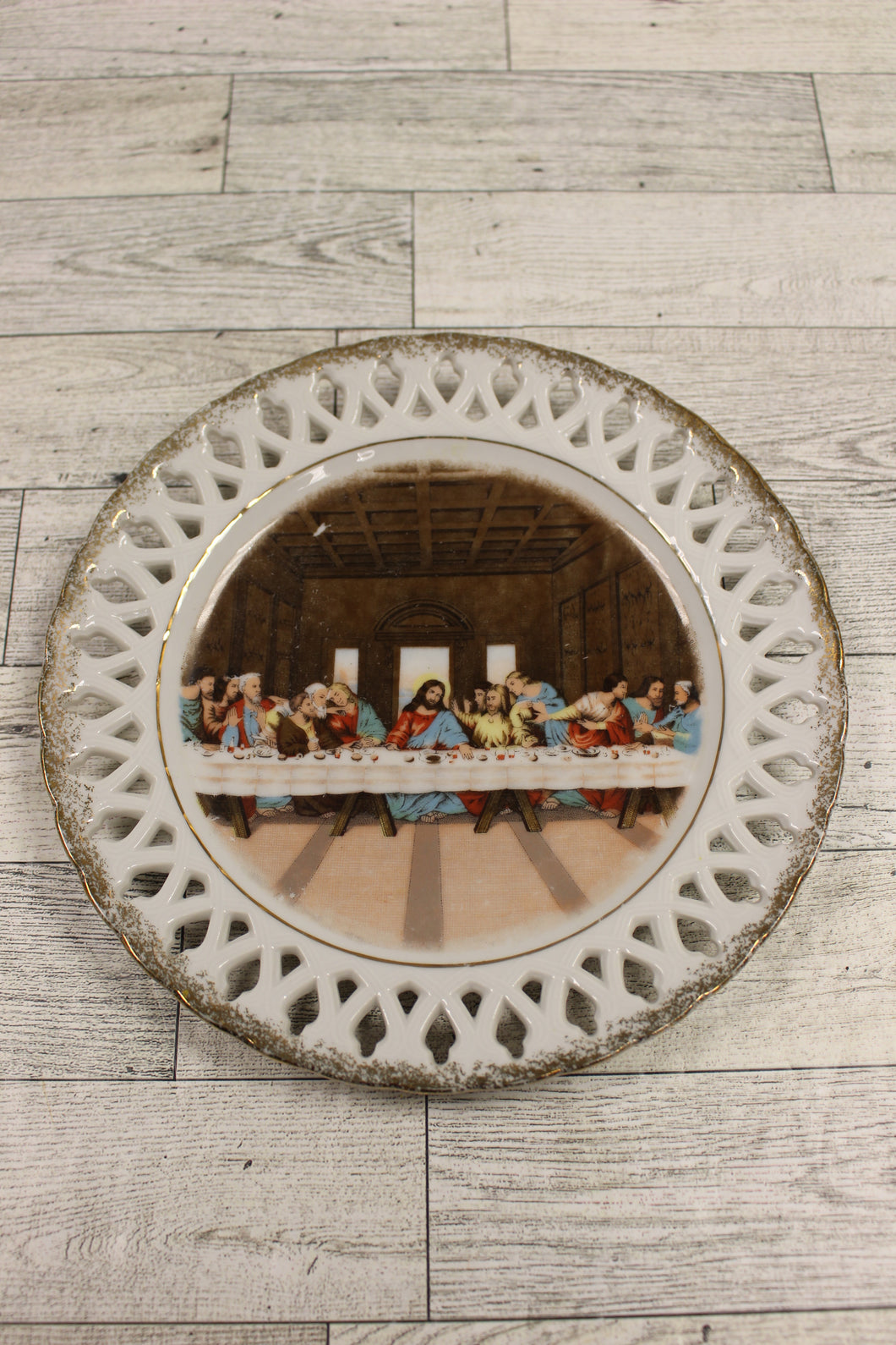 Vintage UCAGCO Open Lace Plate - Last Supper with Gold Trim - 8