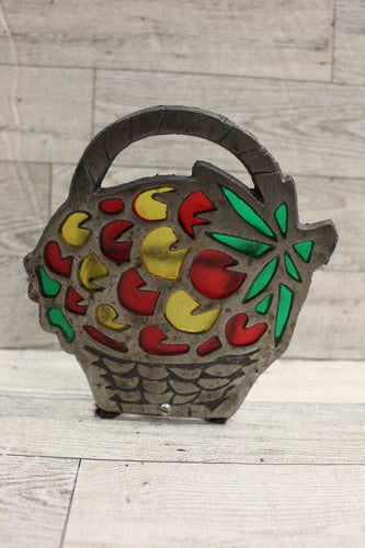 Cast Iron Metal Stained Glass Basket with Cherries Napkin Holder - Used