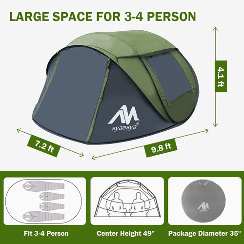 AYAMAYA 4 Person Automatic Pop Up Tent with Skylight, Rainfly, & Ground Cover