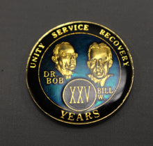 Load image into Gallery viewer, 25 Years XXV AA Founders Medallion Black Gold Tri-Plate Sobriety Chip - Used