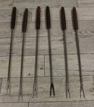Load image into Gallery viewer, Vintage Wood Handle Fondue Fork Sticks Skewers - Color Tip Ends - Set of 6
