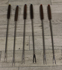 Vintage Wood Handle Fondue Fork Sticks Skewers - Color Tip Ends - Set of 6