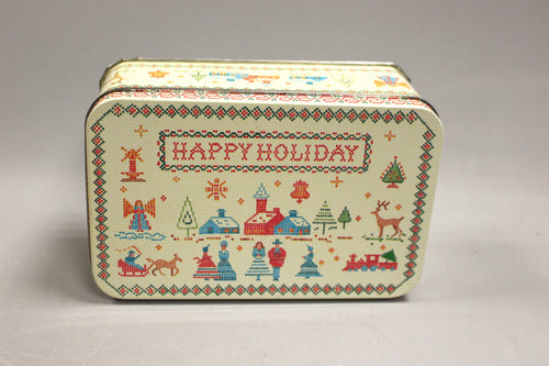 Vintage Cross Stitch Happy Holiday Christmas Tin - Rectangular Shaped- Used