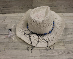Vanmuss Straw Cowboy Hat with Teal Beads - New