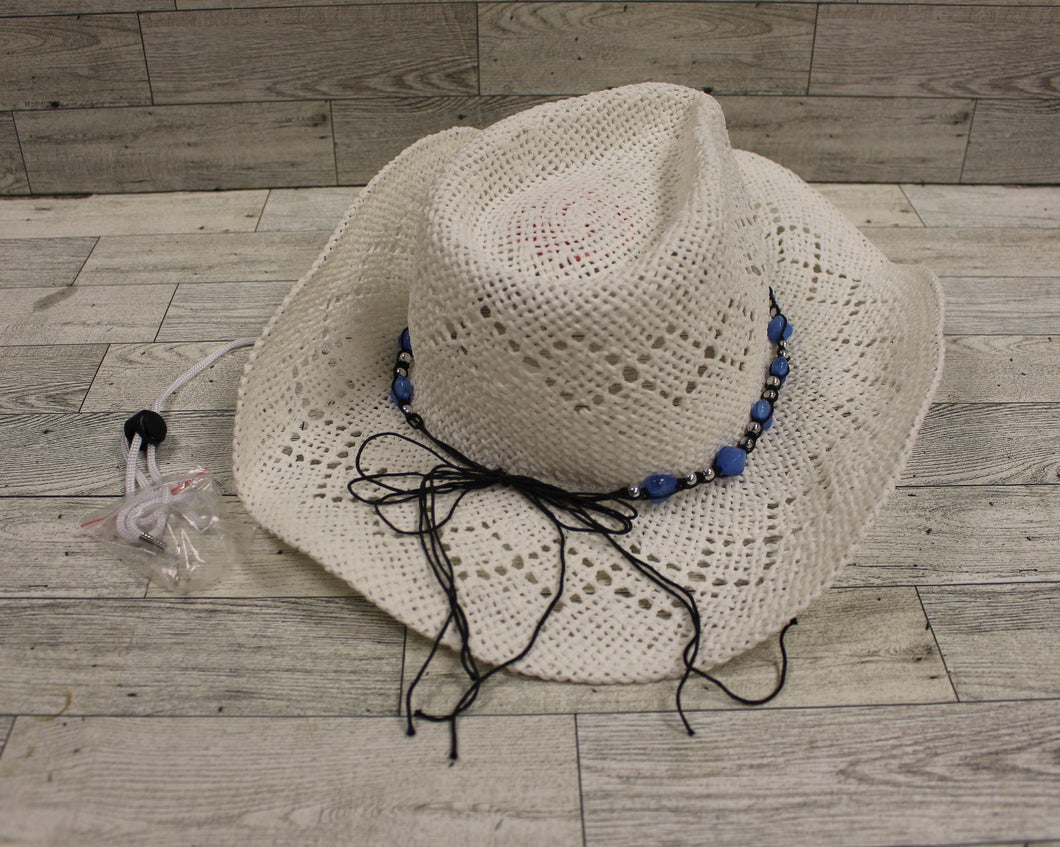 Vanmuss Straw Cowboy Hat with Teal Beads - New