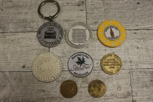 Lot of 8 Challenge Coins - Carvana, Quick Wash, Four Seasons + more - Used