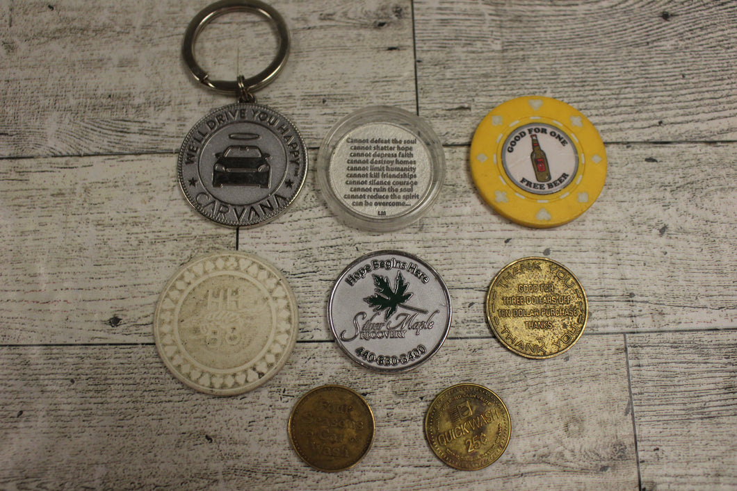 Lot of 8 Challenge Coins - Carvana, Quick Wash, Four Seasons + more - Used