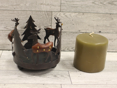 Metal & Wood Reindeer & Trees Candle Votive Holder with Candle - Christmas Decor