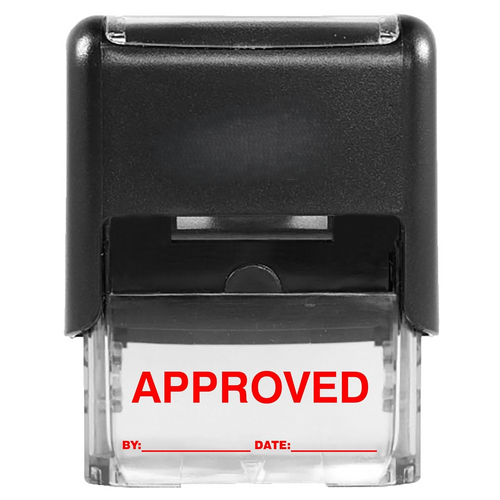 Approved Stamp with by: & Date: - Red Ink - Self-Inking Rubber Stamp