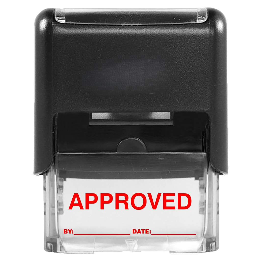 Approved Stamp with by: & Date: - Red Ink - Self-Inking Rubber Stamp