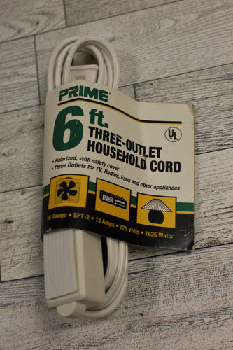 Prime 6 Foot Three-Outlet Household Cord - 16 Gauge - SPT-2 - 125 Volt - New