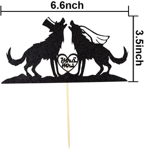 Mr. & Mrs. Wedding Wolf Cake Topper - Party Forest Wildlife - Black Glitter -New