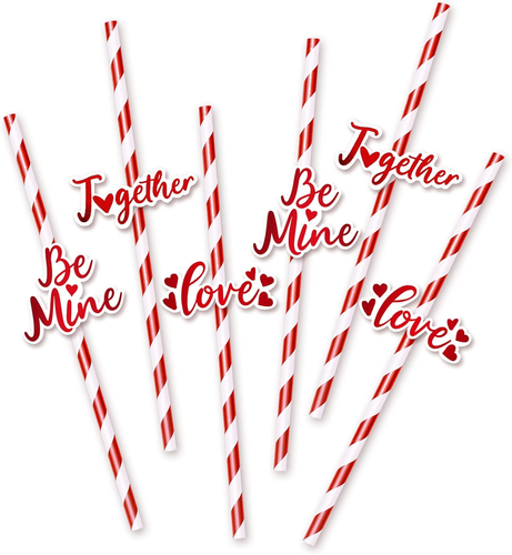 Whaline 60 Pc Valentine's Day Paper Drinking Straws with Sayings - Red Metallic