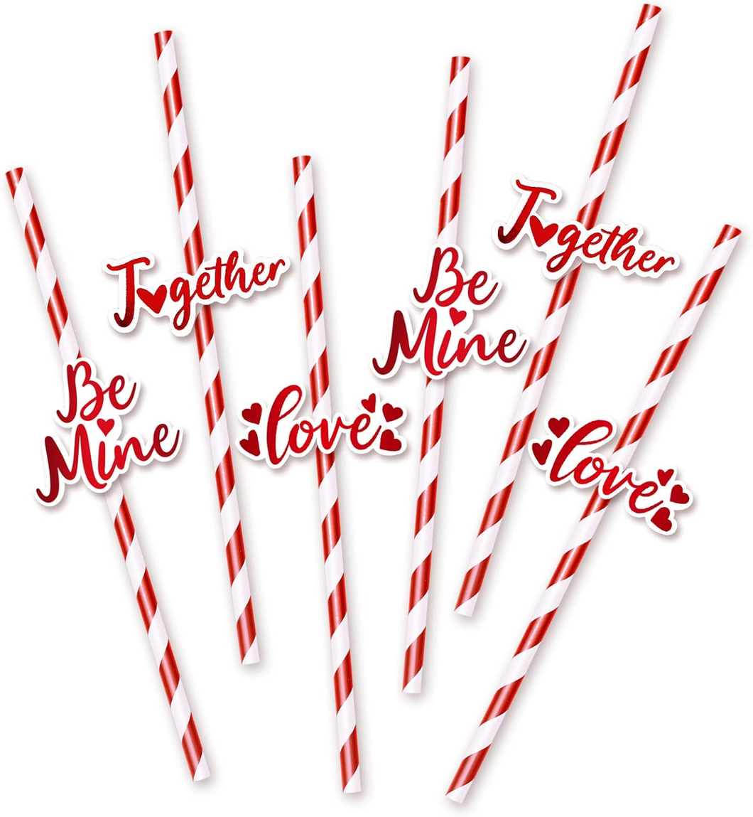 Whaline 60 Pc Valentine's Day Paper Drinking Straws with Sayings - Red Metallic
