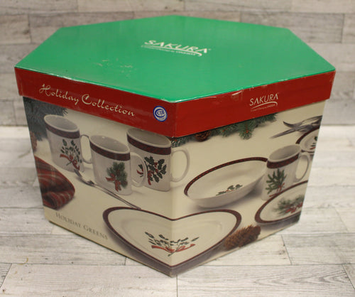 Sakura 16 Piece Holiday Dinnerware Set - 4 Designs - Holiday Greens - New