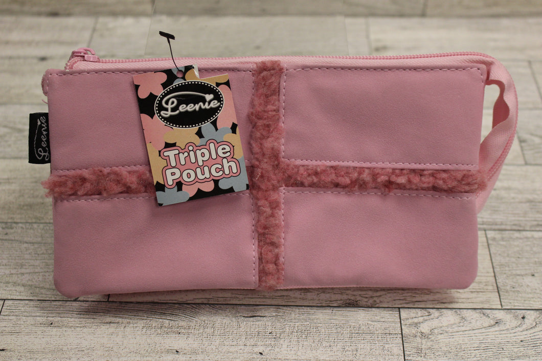 Leenie Triple Pouch Pencil Pouch -Pink -New