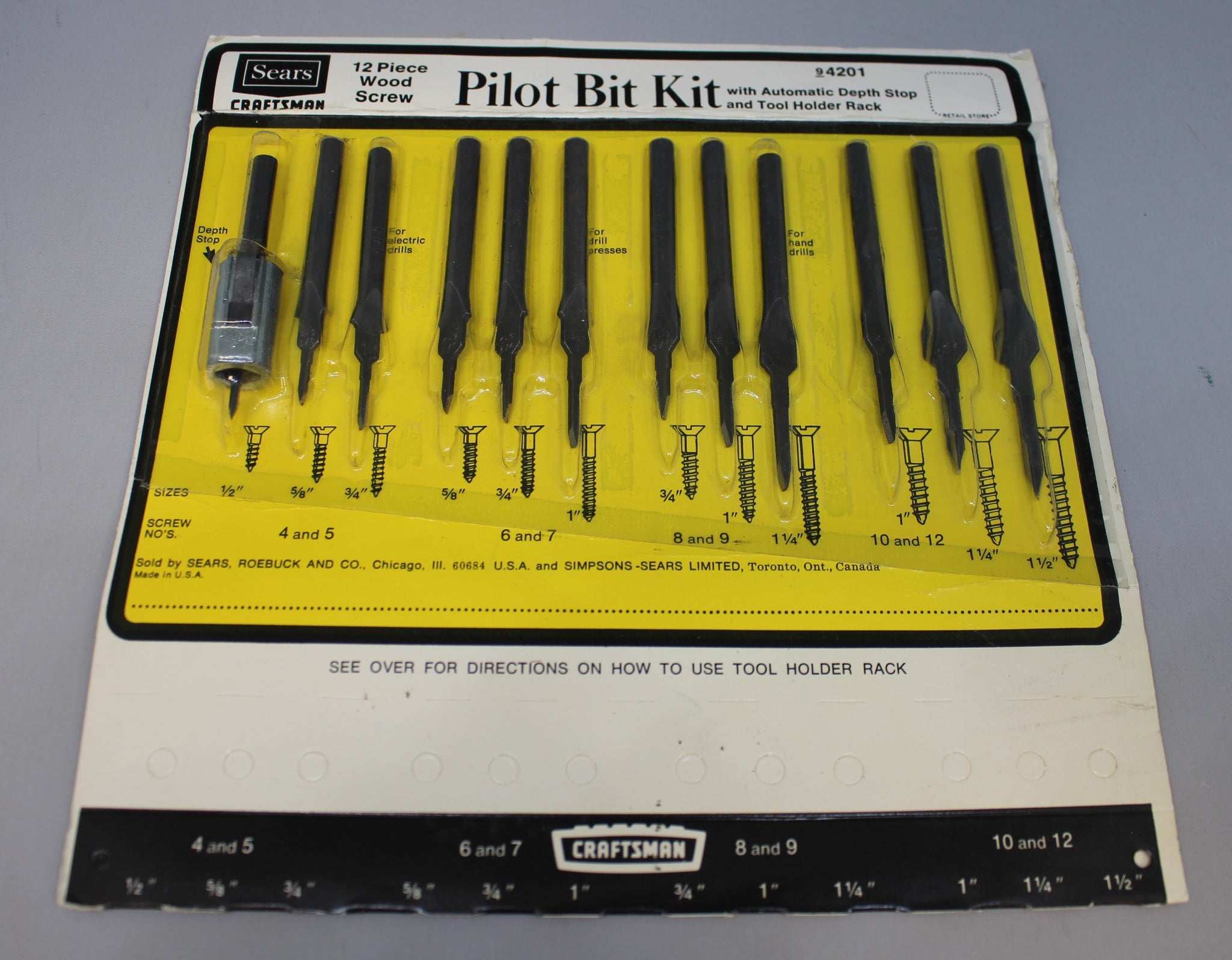 Sears Craftsman 12 Piece Wood Screw Pilot Bit Kit 94201 New
