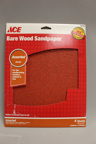 ACE Bare Wood Sandpaper - Assorted Pack of 60, 100, 150, 220 Grit - 9