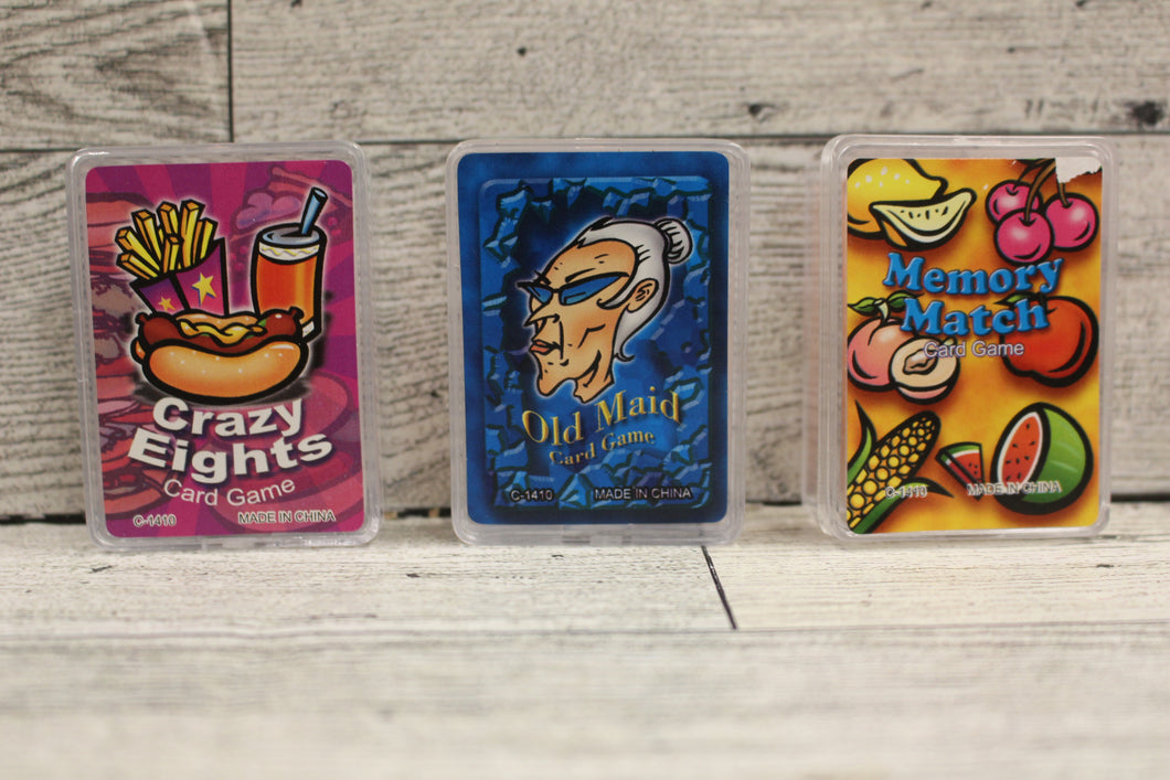 Minature Mini Card Games in Case - Choose Crazy Eights, Memory Match, Old Maid