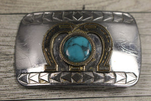 Vintage Faux Turquoise Chrome Plated Double Horseshoe Belt Buckle - #2 - Used