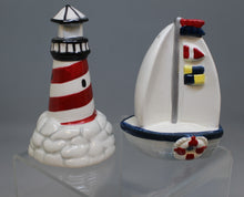 Load image into Gallery viewer, Vintage Lighthouse &amp; Sailboat Mini Salt &amp; Pepper Shakers - Used