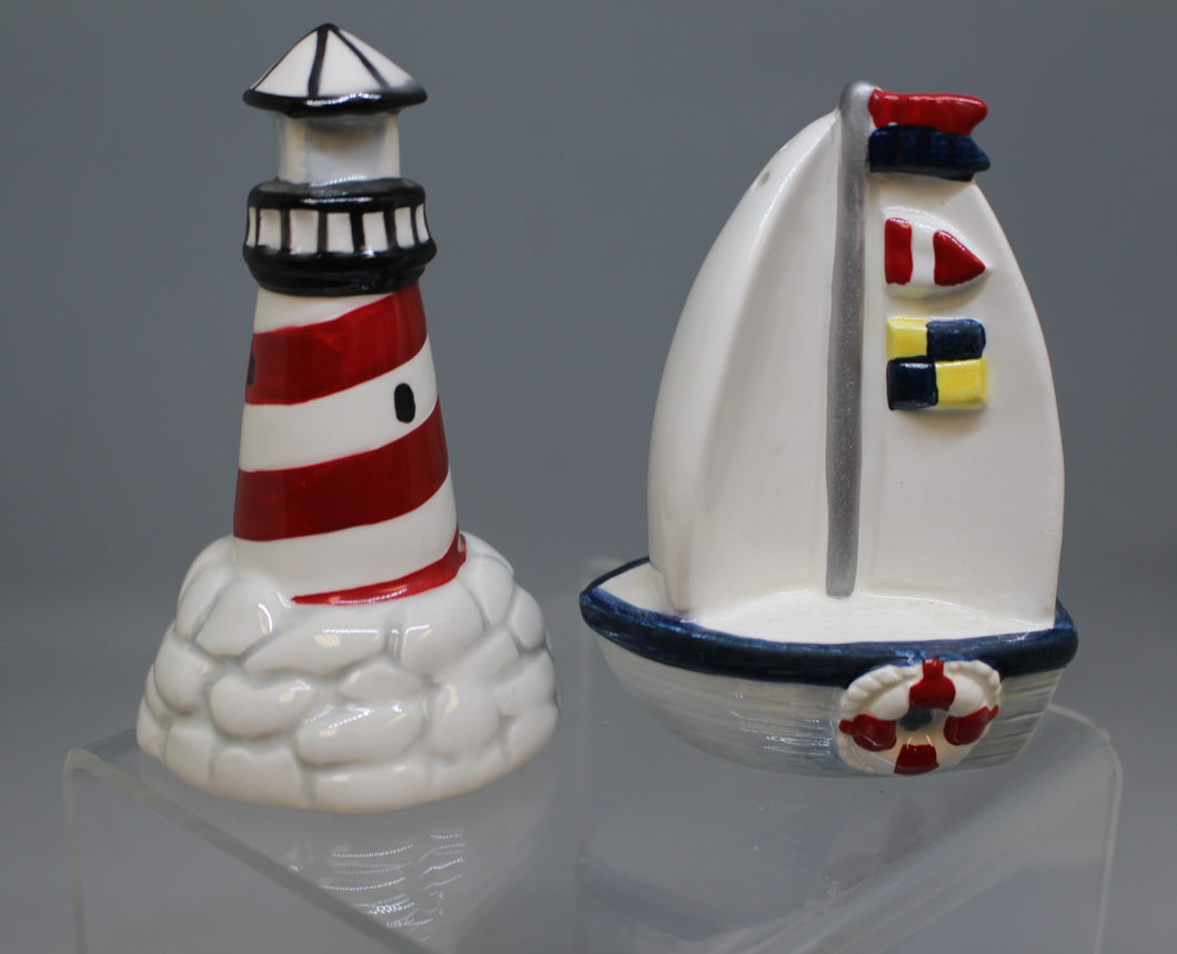 Vintage Lighthouse & Sailboat Mini Salt & Pepper Shakers - Used