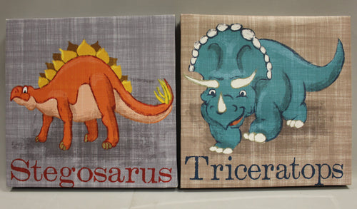 Pack of 2 Dinosaur Room Wall Art Decor Signs - Stegosaurus Triceratops - 12x12