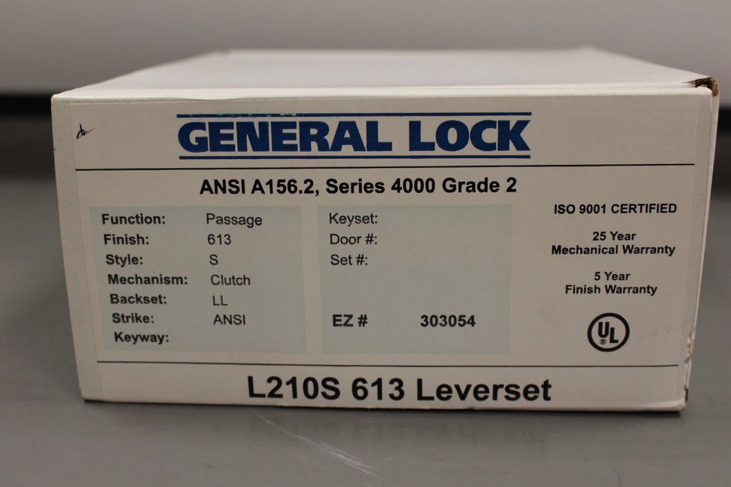General Lock L210S 613 Leverset ANSI A156.2 Series 4000 Grade 2 Black Passage - New