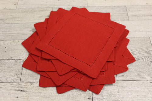 Pack of 12 Hemstitch Cloth Cocktail Napkins - 6 inch - Red - Used