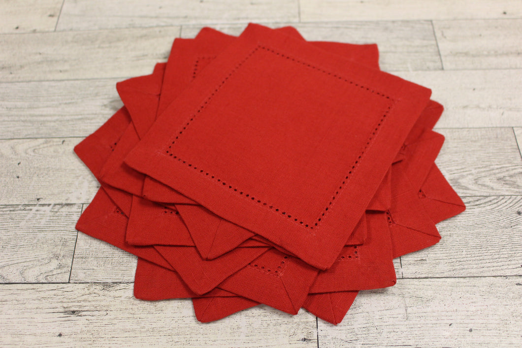 Pack of 12 Hemstitch Cloth Cocktail Napkins - 6 inch - Red - Used