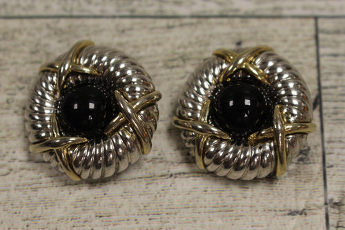Vintage Fake Faux Clip On Earrings - Black Silver & Gold Tone - Used