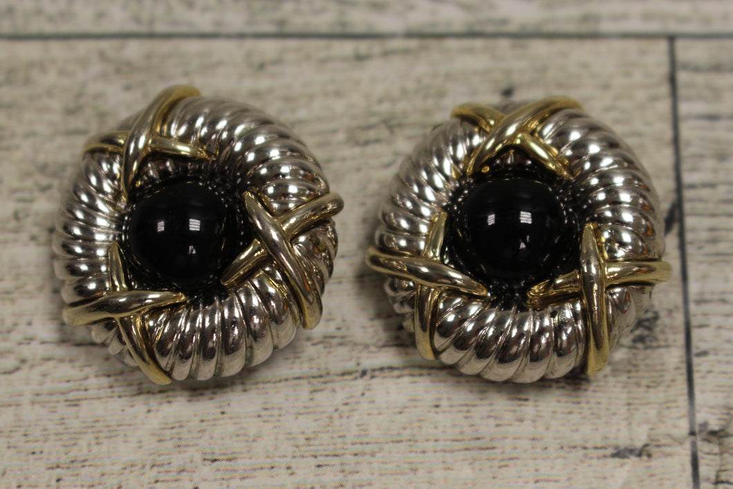 Vintage Fake Faux Clip On Earrings - Black Silver & Gold Tone - Used