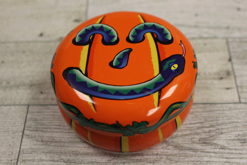 Vintage Halloween Jack-O-Lantern Serpent Pumpkin Candle Tin - Used