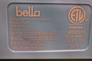 Bella Single Serve Coffee Maker - H70016 - K Cup & Ground Compatible Blue - Used