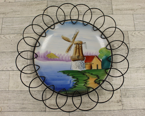Vintage Hand Painted Windmill Scenery Plate - Wire Worked Frame - Used