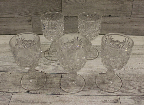 Set of 5 Pressed Clear Stem Glass Cordial Aperitif Sherry Gobblets - Used