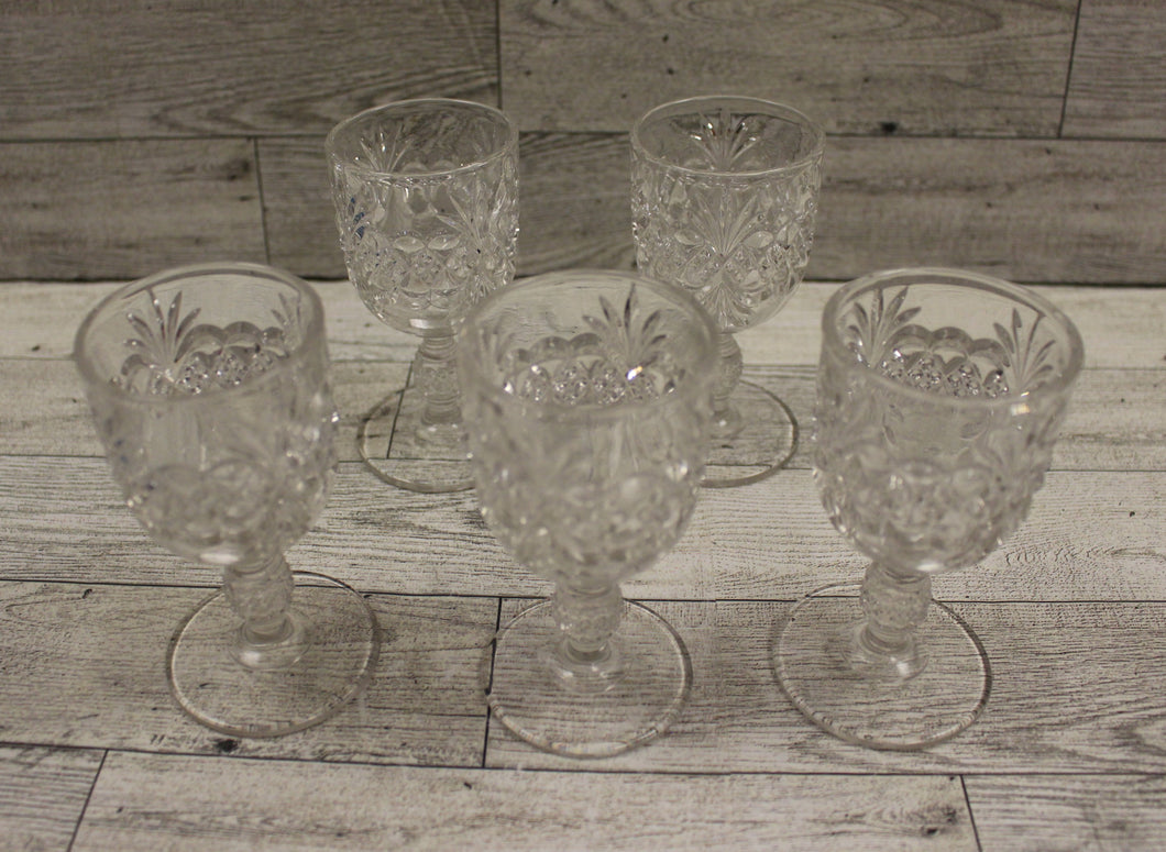 Set of 5 Pressed Clear Stem Glass Cordial Aperitif Sherry Gobblets - Used